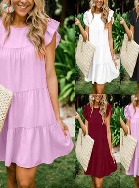 Hot selling ruffle sleeve pleated dress 热卖荷叶袖褶皱连衣裙