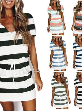 Drawstring skirt short sleeve striped dress 抽绳短裙条纹女裙