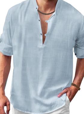 Linen henley shirt stand-up collar shirt亚麻亨利衬衫立领衬衫