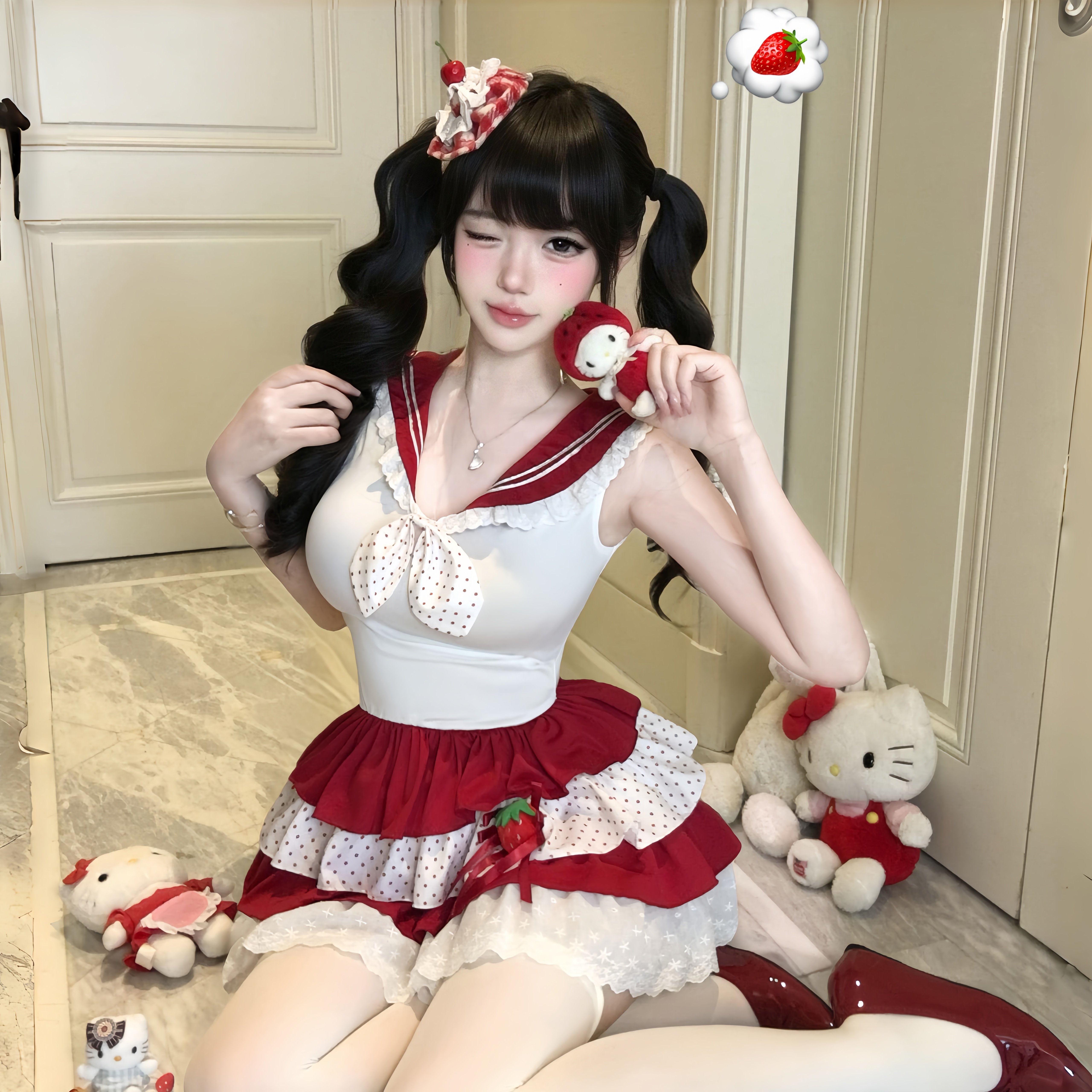 糖果学院*纯欲甜美草莓波点kt连衣裙蛋糕裙睡裙套装可爱蕾丝制服