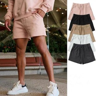 硬汉健身短裤男4分卷边毛圈美式运动裤夏LA刺绣棉四分裤休闲篮球