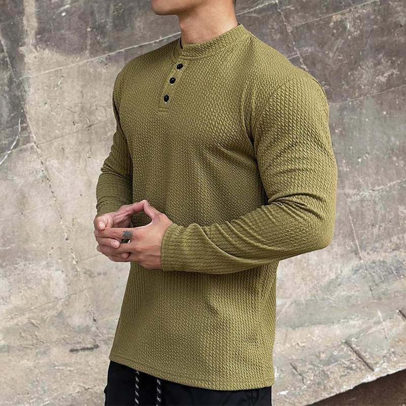 美式亨利衫秋冬运动健身衣华夫格长袖T恤男修身训练服polo打底衫