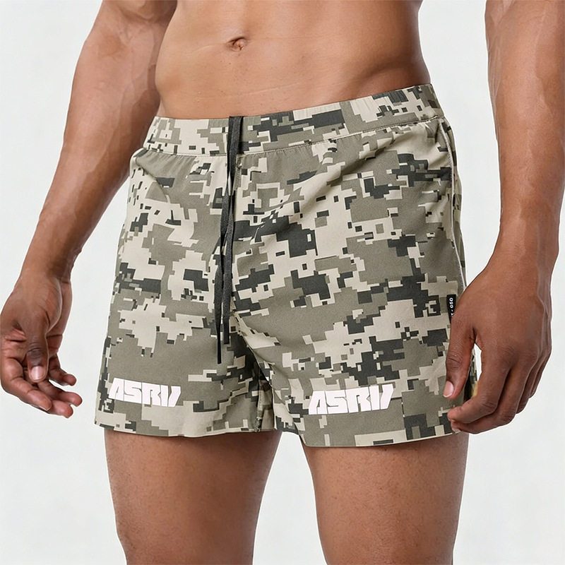 ASRV健身三分裤男夏季迷彩短裤修身跑步速干运动深蹲篮球训练开衩