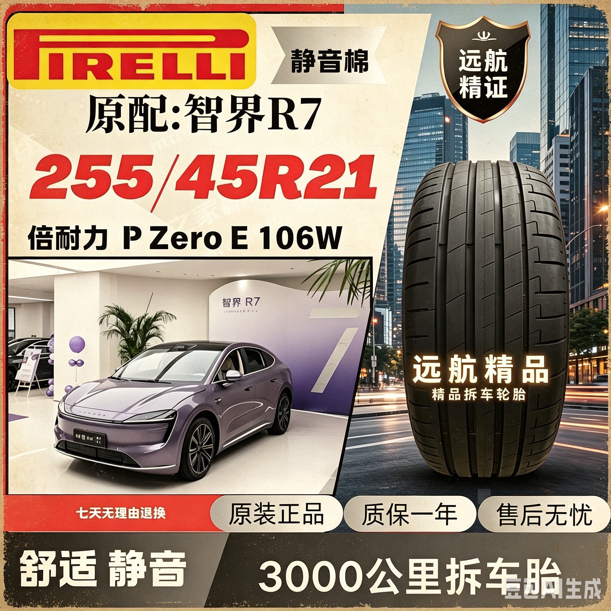 倍耐力255/45R21静音棉轮胎 P Zero E 106W Elect 原配:智界R7