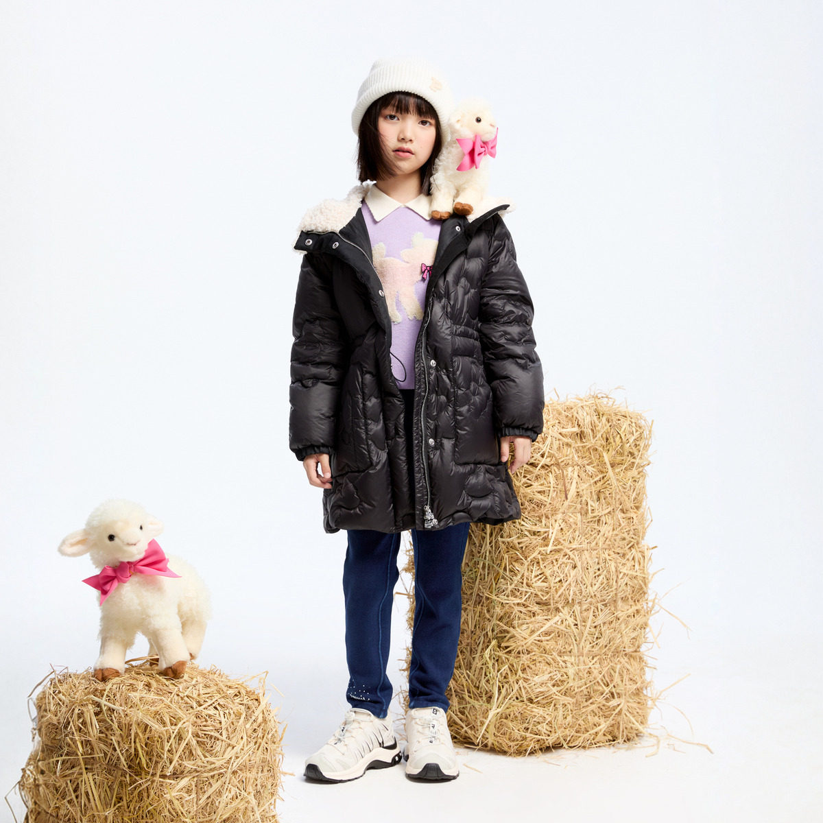 安奈儿童装女童冬装加厚连帽中长款羽绒服收腰厚外套大衣AG445805