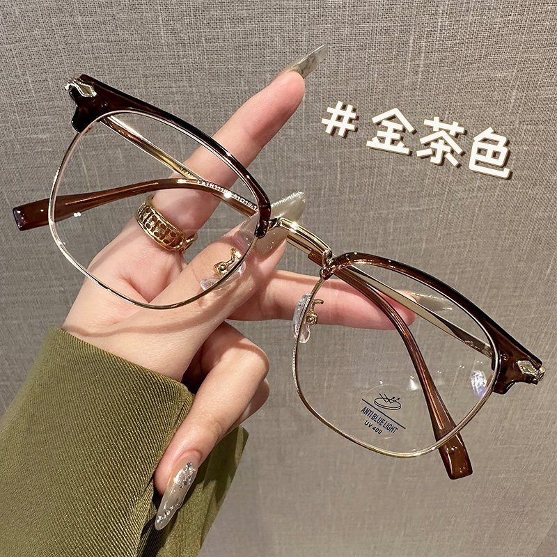 半框眼镜近视女专业可配度数素颜茶色大框显瘦平光眼睛框架防蓝光