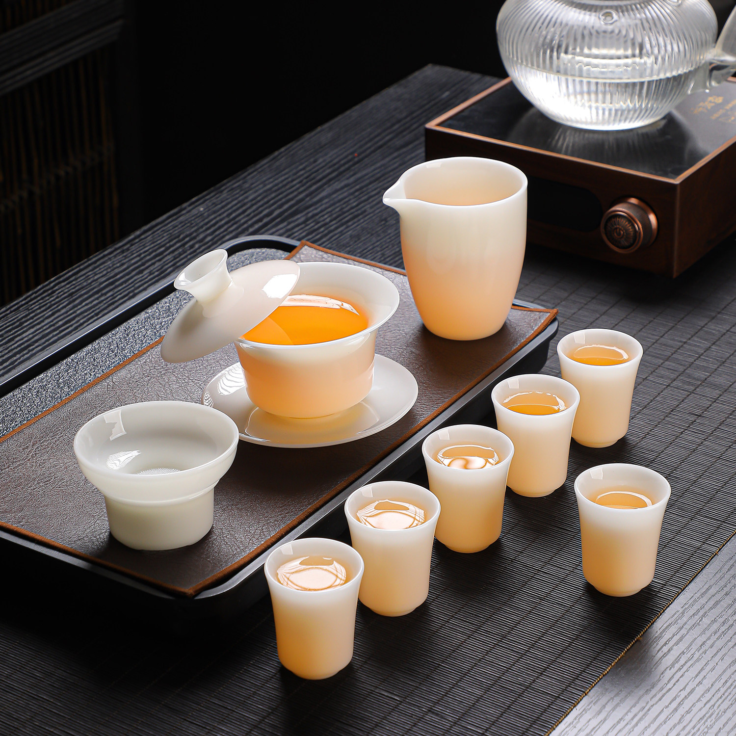 高档整套璞玉冰种玉瓷薄胎悬停三才盖碗套装陶瓷功夫茶具礼盒送礼