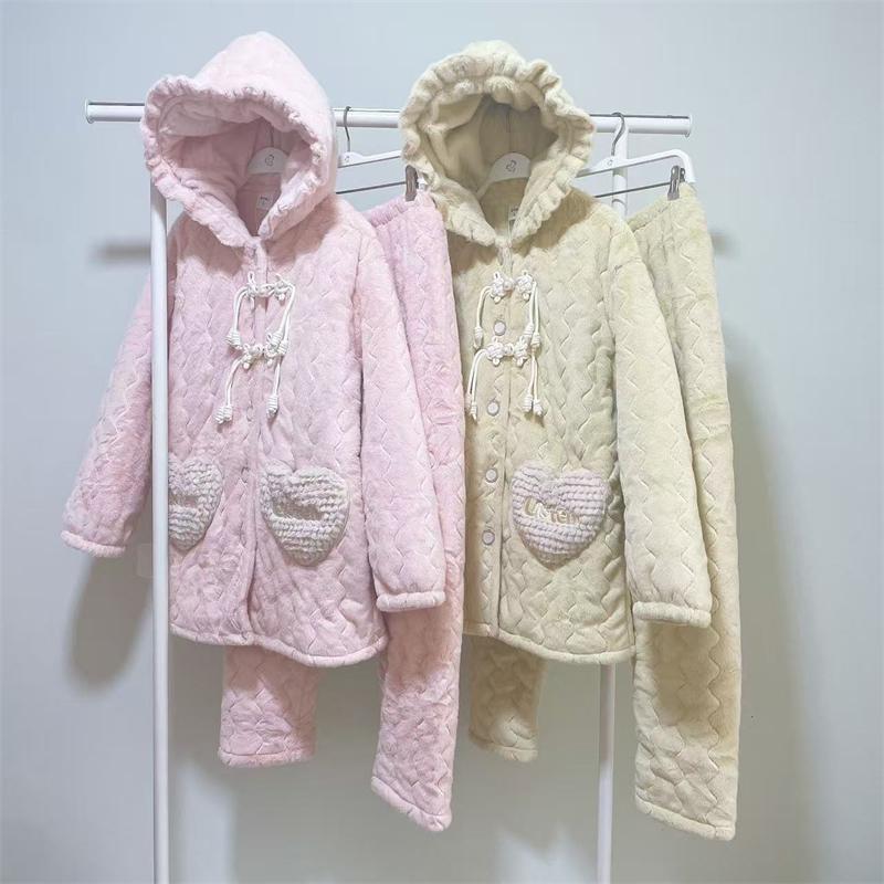 女士新款三层加厚加绒睡衣