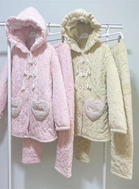 都市丽人睡衣女士冬季保暖加绒三层夹棉加厚连帽可爱家居服LHT1Q5
