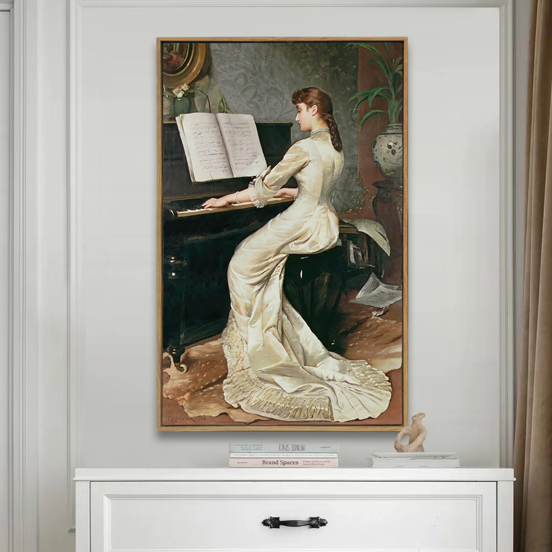 入户玄关装饰画简约竖版人物画弹琴美女挂画琴房画喷绘画可定制