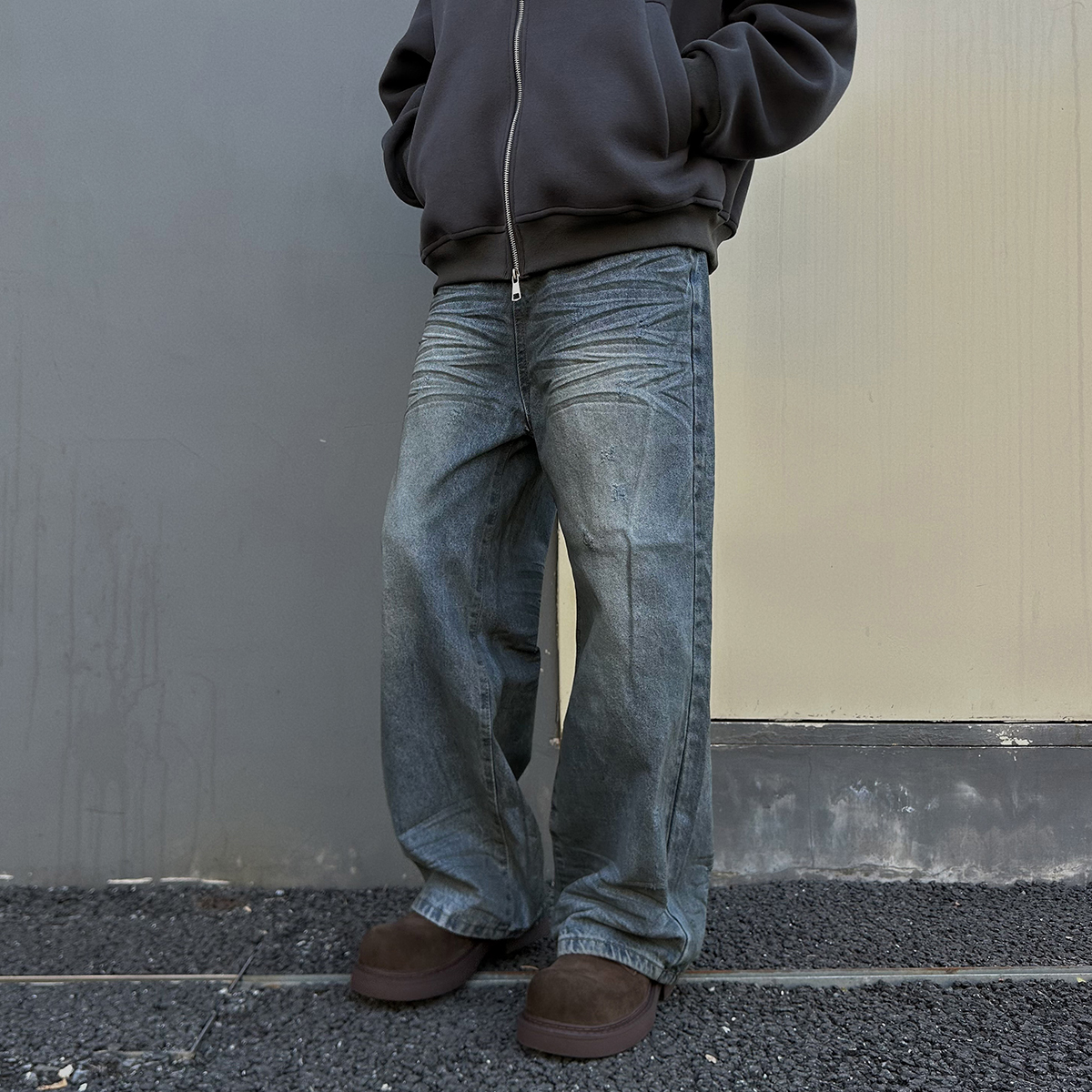 cleanfit做旧脏洗直筒牛仔裤男女