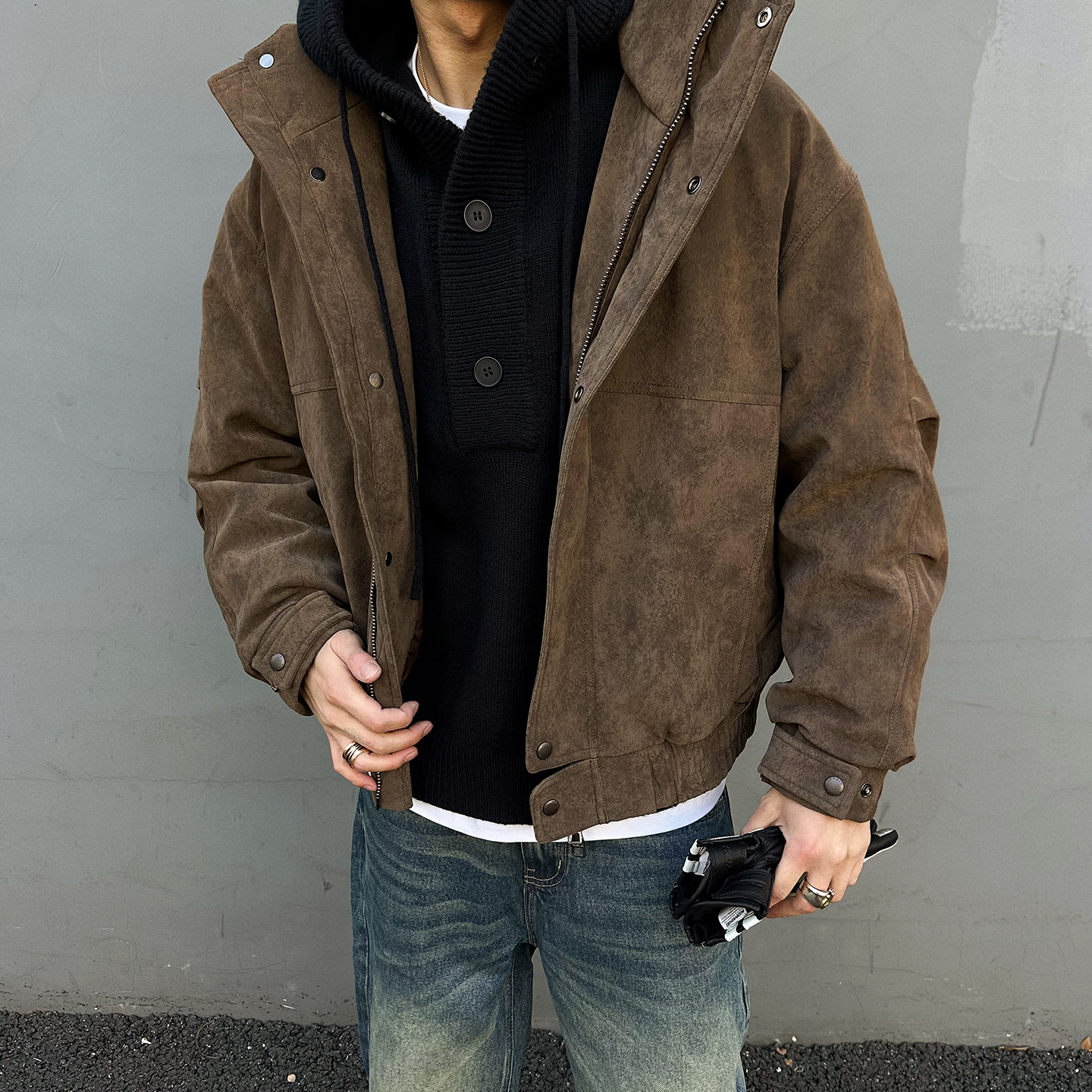 cleanfit绒皮PU质感白鸭绒羽绒服