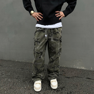 松紧腰直筒裤 男女宽松休闲裤 子 裤 UNAps复古vintage多口袋迷彩工装
