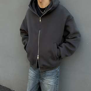 双拉链情侣卫衣连帽男女box 帽衫 UNAps新款 450克挺阔cleanfit短款