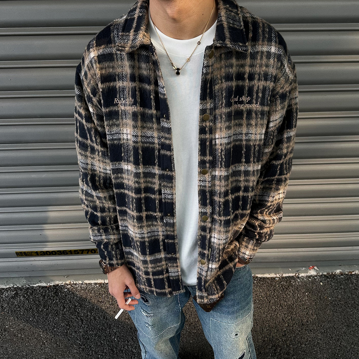 秋冬cleanfit刺绣磨毛呢格子衬衫