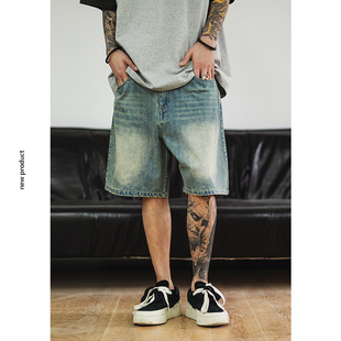 男潮宽松五分裤 UNAps夏季 牛仔短裤 休闲街头复古做旧磨白工装 美式