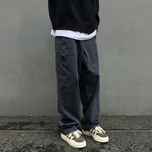 男女做旧松紧腰直筒休闲裤 裤 子潮 复古vintage法工蓝工装 UNAps美式