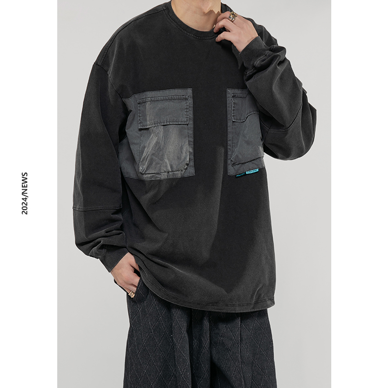口袋休闲圆领卫衣复古水洗卫衣男