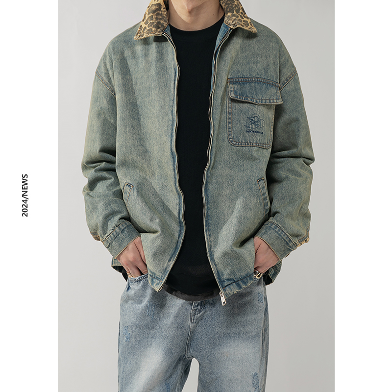 豹纹翻领拼接牛仔外套高街夹克