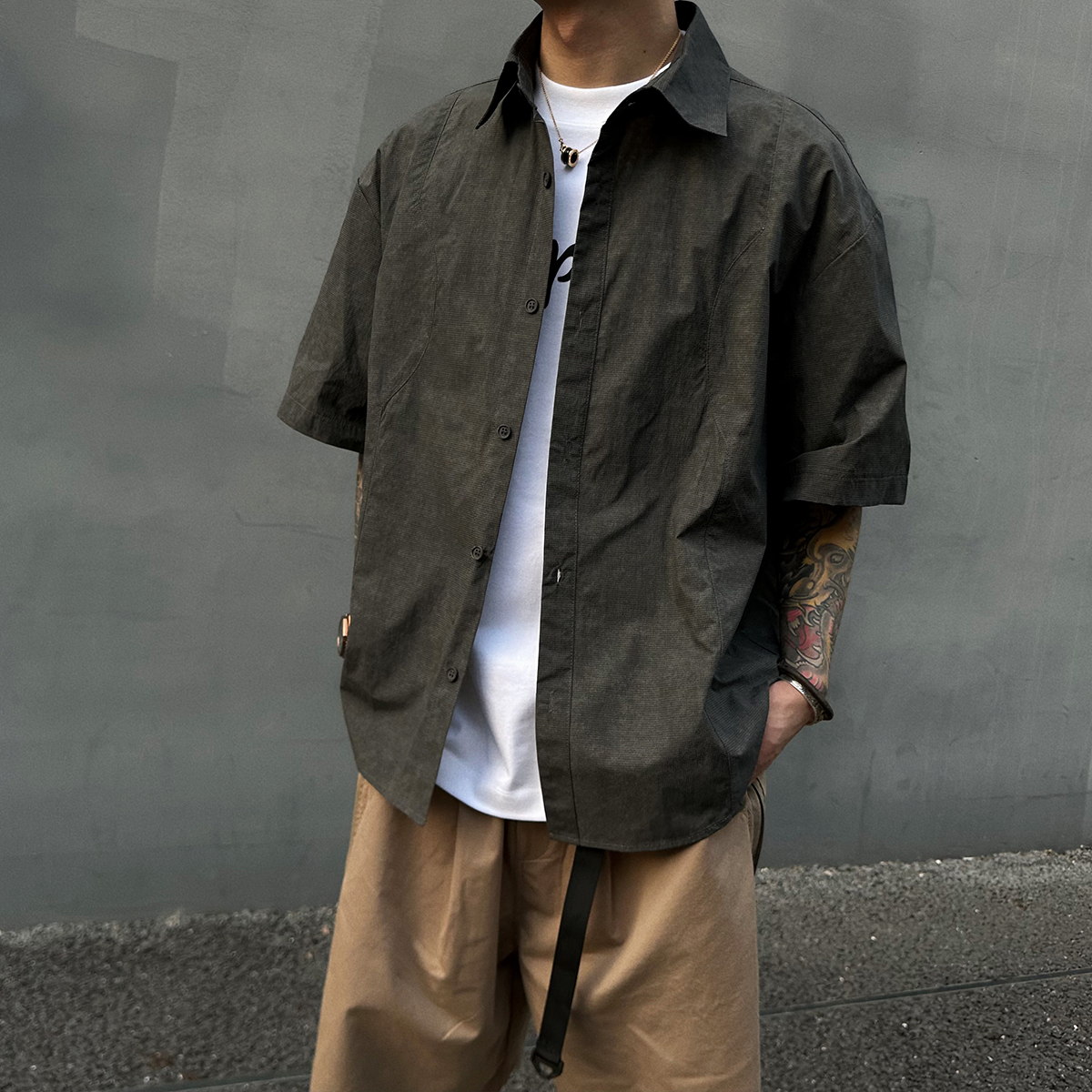 炒色复古硬挺细格短袖衬衫男女潮