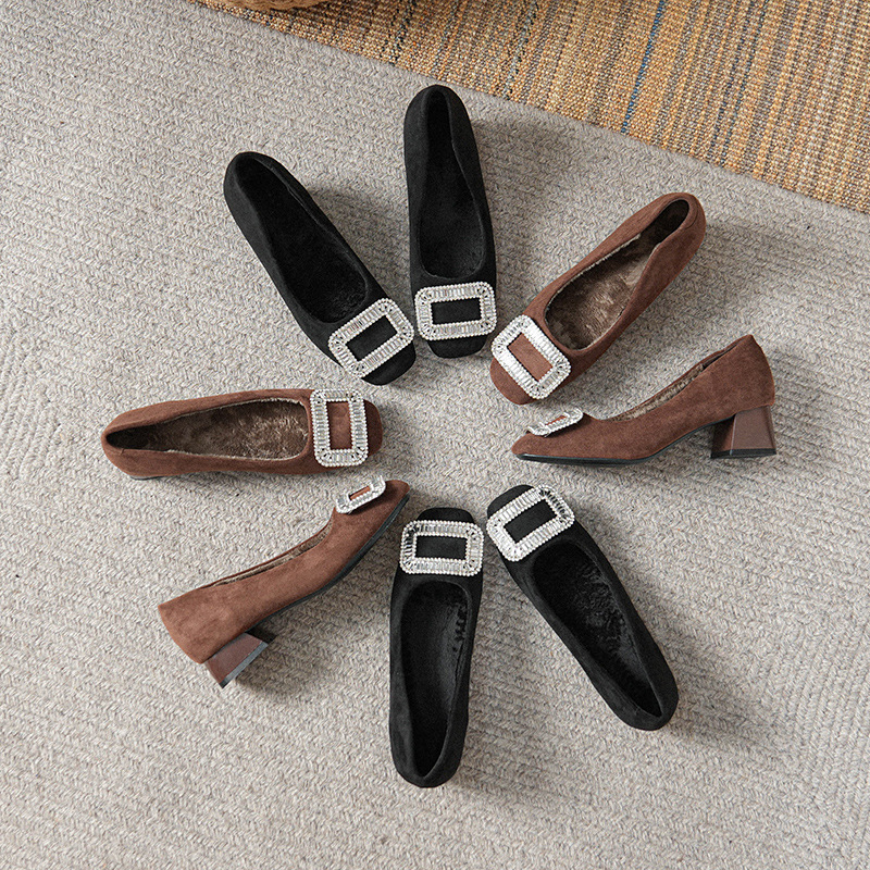 珂娜丝法式小香风绒面加绒单鞋女