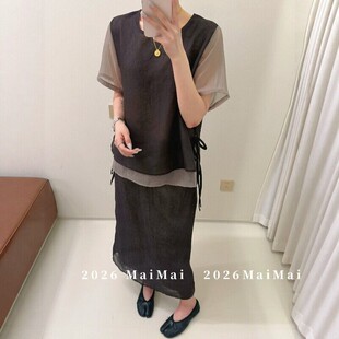 大码清冷感禅意风轻奢撞色百搭短袖上衣半身裙两件套女夏简约穿搭