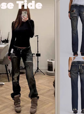 Rose tide买手店正品Jaded London牛仔裤蕾丝拼接柳丁破洞长裤