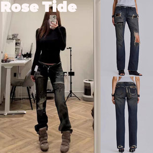 Rose tide买手店正品Jaded London牛仔裤蕾丝拼接柳丁破洞长裤