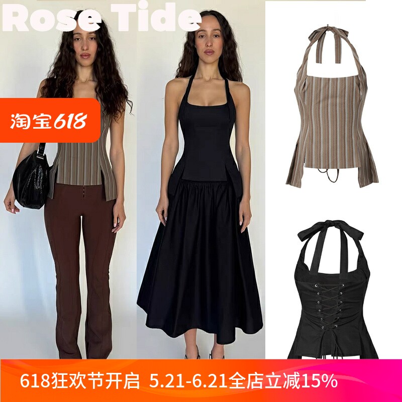 正品现货Guizio条纹绑带挂脖背心