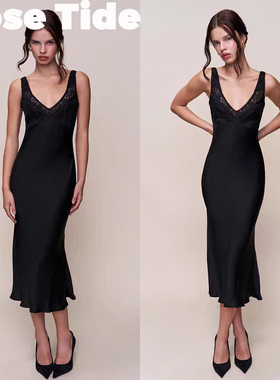 Rose Tide买手店正品Guizio连衣裙25新品黑色蕾丝拼接V领缎面长裙