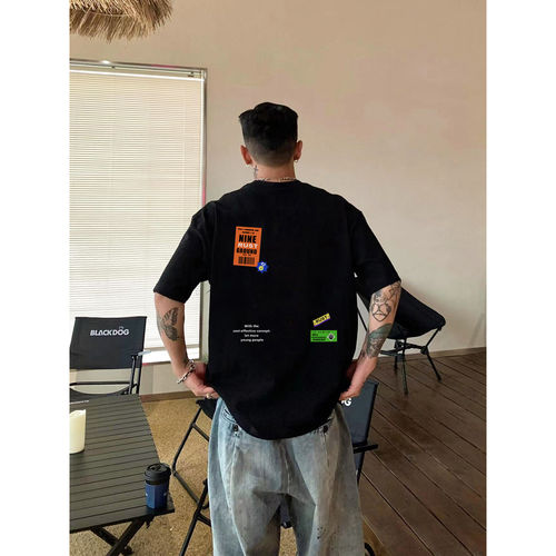 美式街头潮牌hiphop黑色短袖t恤男重磅纯棉设计感青春时尚上衣夏