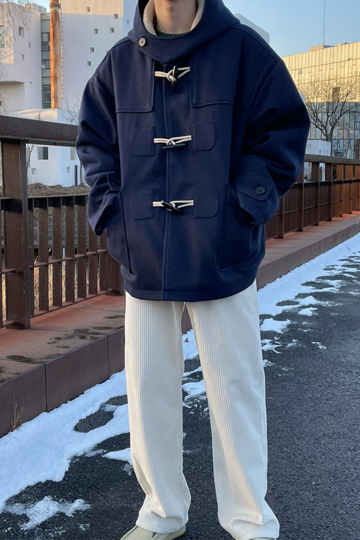 冬季连帽牛角扣呢子大衣男宽松韩版休闲毛呢外套F163-P128,男装毛呢大衣,星座1017-1