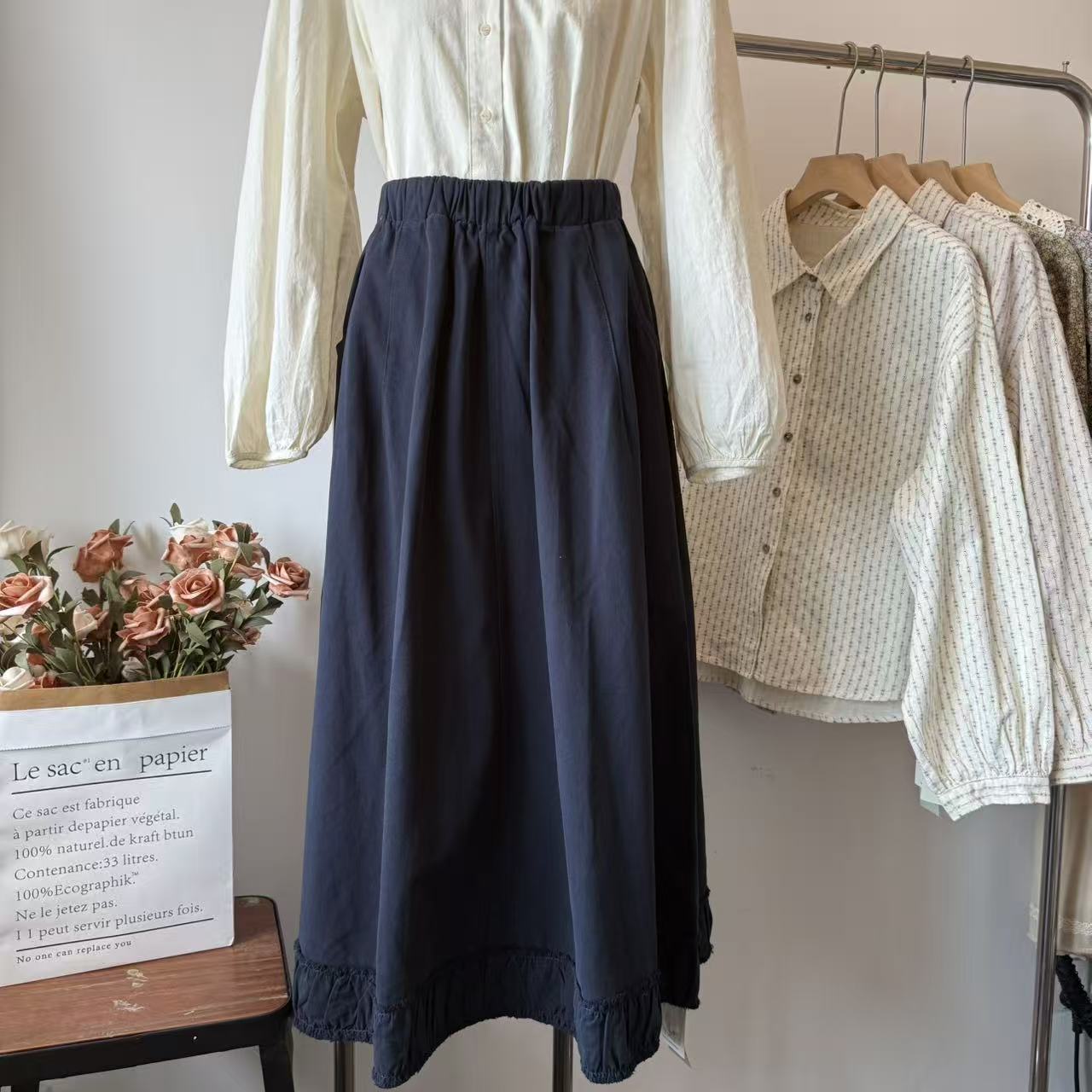 ilook半身裙2025秋冬日系文艺休闲百搭松紧腰中长款A字裙72351