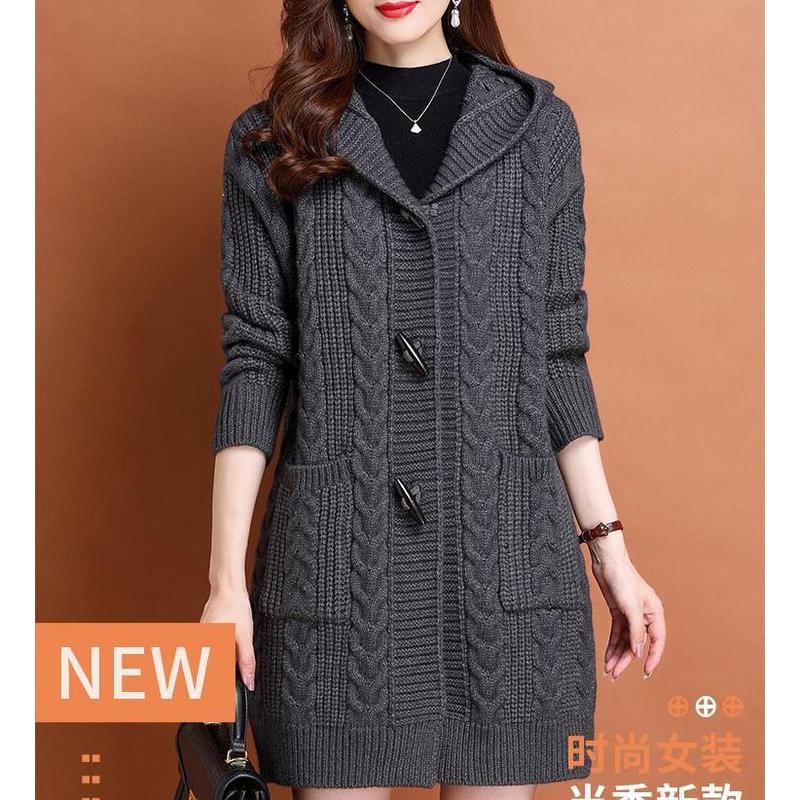 欧关粗线连帽毛衣外套中长款开衫宽松慵懒风大码针织麻花针织衫