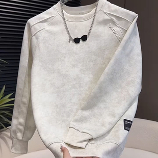 男款加绒卫衣秋冬季韩版帅气长袖上衣扎染钢印设计感圆领高街潮牌