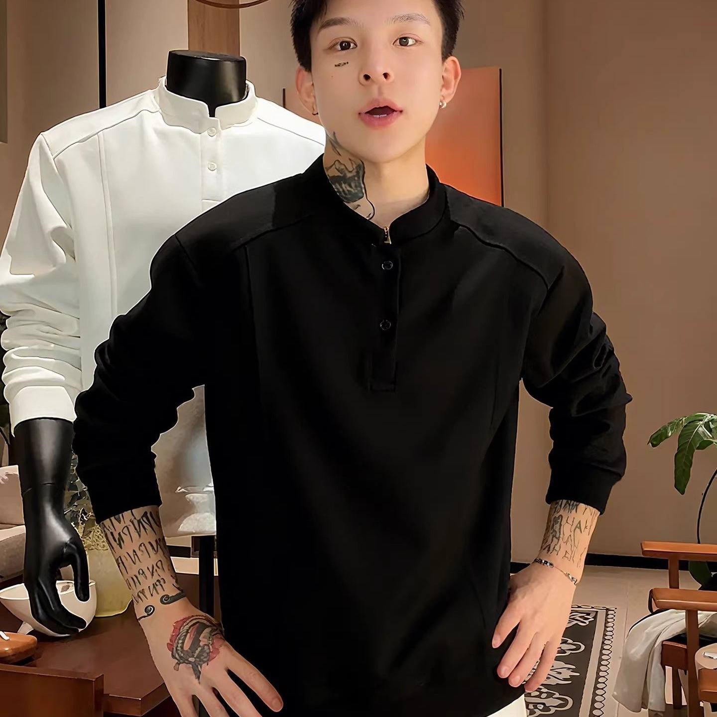 黑色解构正肩亨利领卫衣男秋冬加绒长袖T恤美式重磅修身显瘦上衣