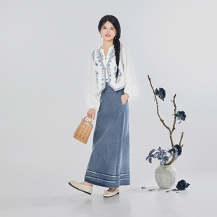 织造司[遇南风]刺绣马甲背心v领衬衫上衣牛仔半身裙女中长款裙子