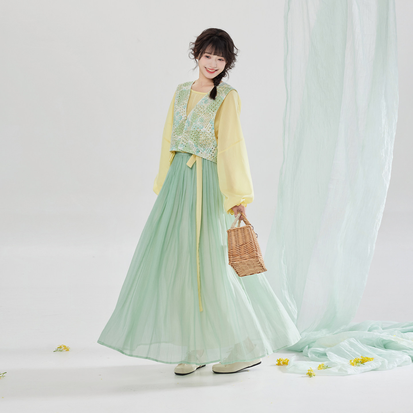 织造司[春田花信]唐制改良汉服蕾丝背心唐褙子圆领衬衫半身褶裙女