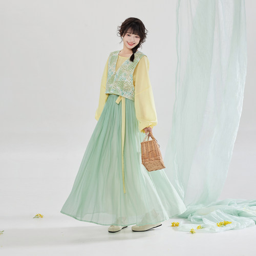 织造司[春田花信]唐制改良汉服蕾丝背心唐褙子圆领衬衫半身褶裙女