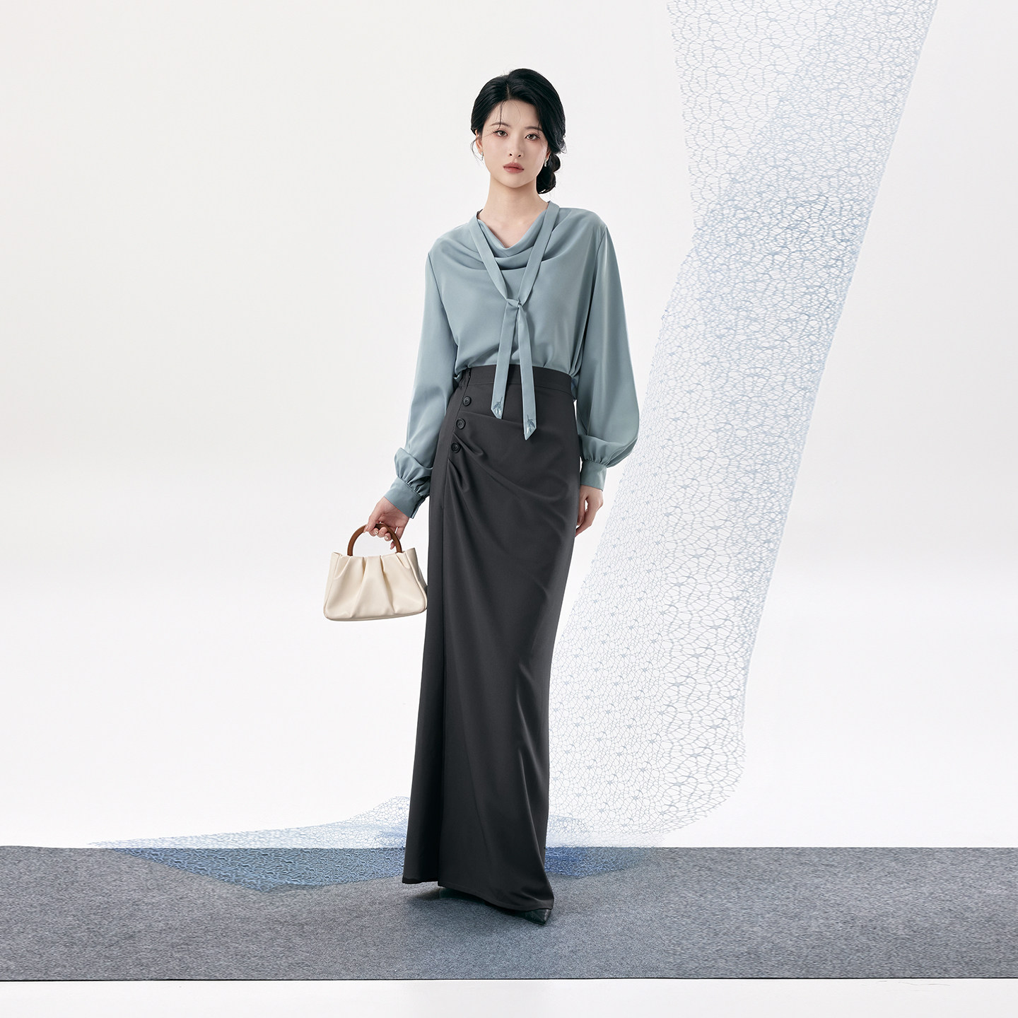 织造司[寒汀]高级感荡领衬衫上衣改良汉服旋裙高腰半身裙女秋长款