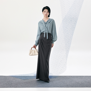 织造司[寒汀]高级感荡领衬衫上衣改良汉服旋裙高腰半身裙女秋长款