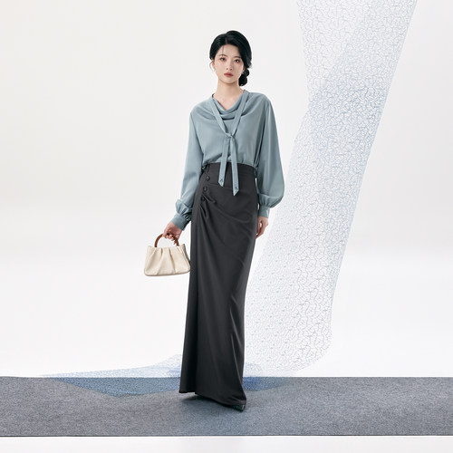 织造司[寒汀]高级感荡领衬衫上衣改良汉服旋裙高腰半身裙女秋长款