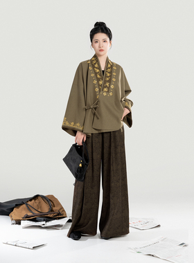 织造司[都市道中人]新中式八仙龟背绣花交领外套上衣阔腿裤长裤女