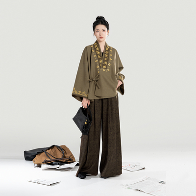 织造司[都市道中人]新中式八仙龟背绣花交领外套上衣阔腿裤长裤女