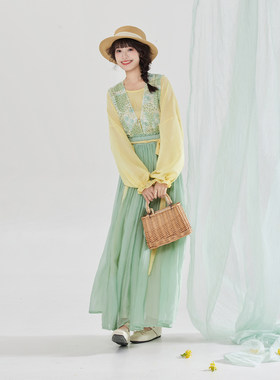 织造司[春田花信]唐制改良汉服蕾丝背心唐褙子圆领衬衫半身褶裙女
