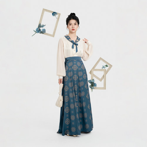 织造司[黛蓝苑]原创改良唐制汉服新中式v领衬衫上衣一片式九破裙
