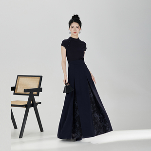 织造司[乌石砚]新中式国风立领短袖针织衫上衣改良三裥裙半身长裙