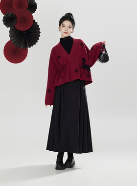 织造司[福马来财]马年红色开衫外套高领毛衣针织衫明制马面裙汉服