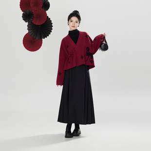 织造司[福马来财]马年红色开衫外套高领毛衣针织衫明制马面裙汉服