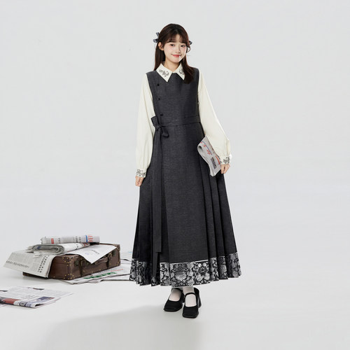 织造司[书砚]无袖连衣马面裙改良明制汉服中式刺绣翻领衬衫上衣女